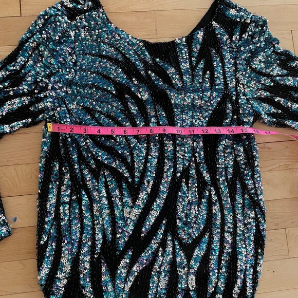 Vintage Oleg Cassini Sequin Top Small 80s Glam Iridescent Blue Black Beaded NYE - Picture 10 of 10